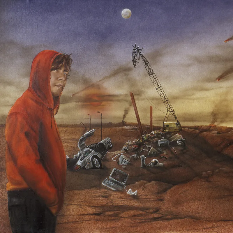 Volume 1 cover: a figure in a red hoodie standing in a dusty wasteland of broken electronics, a crane and a pale moon behind him